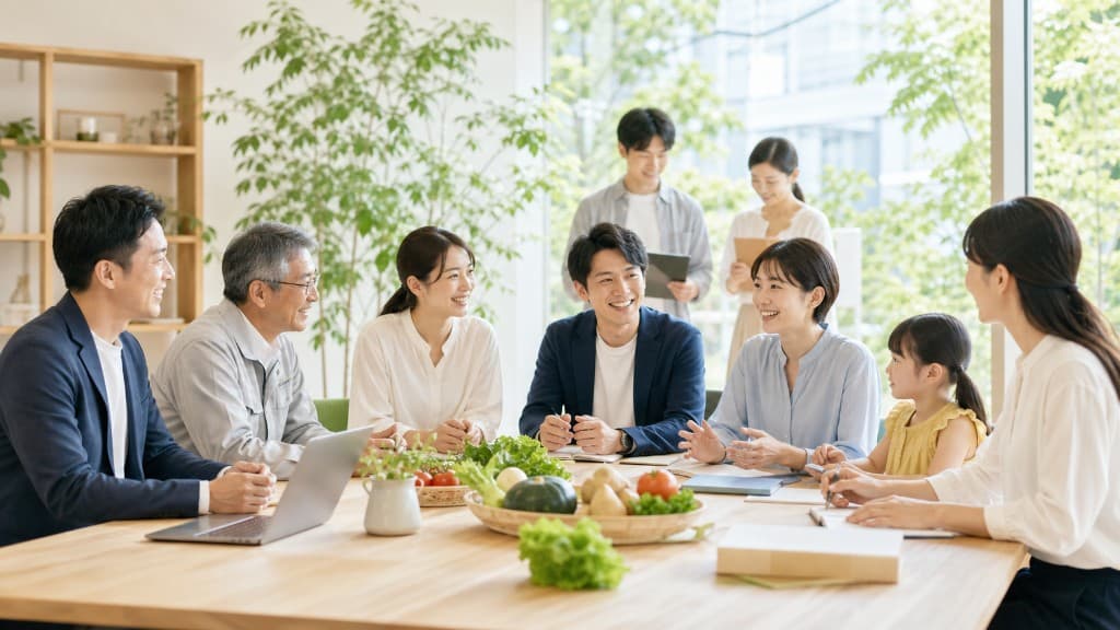 明るい会議室で野菜を囲み、打ち合わせをする大人と子どものグループ